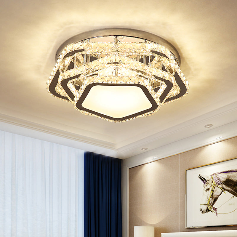 Minimalist Led Crystal Ceiling Fixture - Star Beveled Chrome Semi Flush Mount (Warm/White Light)