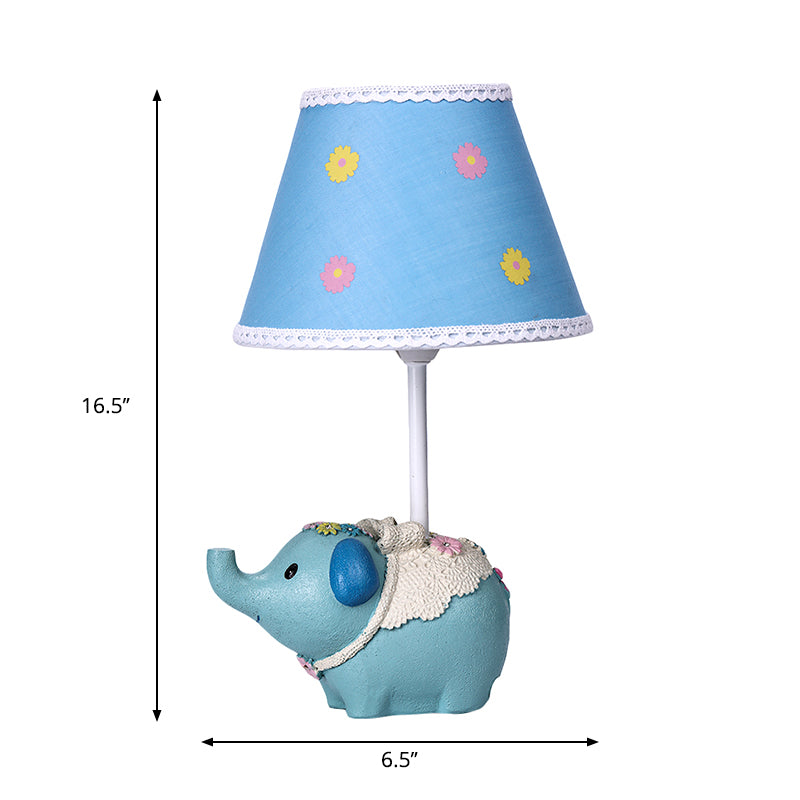 Blue Cone Desk Light With Flower Pattern - Kids Fabric Table Lamp Elephant Base