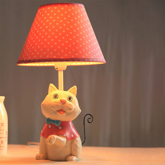 Pink/Blue Cone Reading Book Light: Cartoon Style Fabric Table Lamp With Spot Design And Cat Base