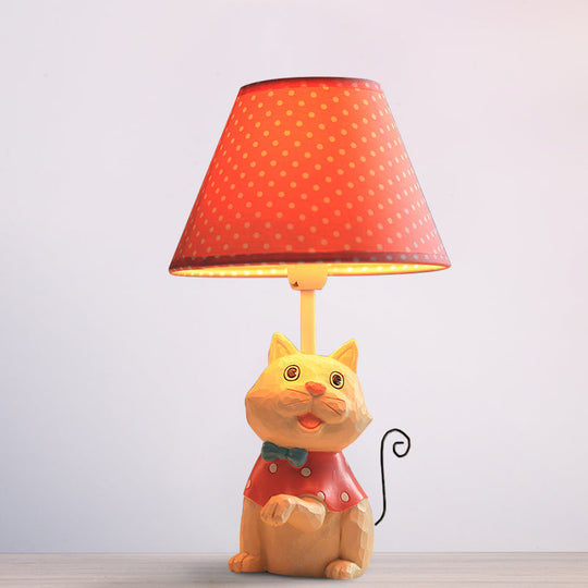 Pink/Blue Cone Reading Book Light: Cartoon Style Fabric Table Lamp With Spot Design And Cat Base