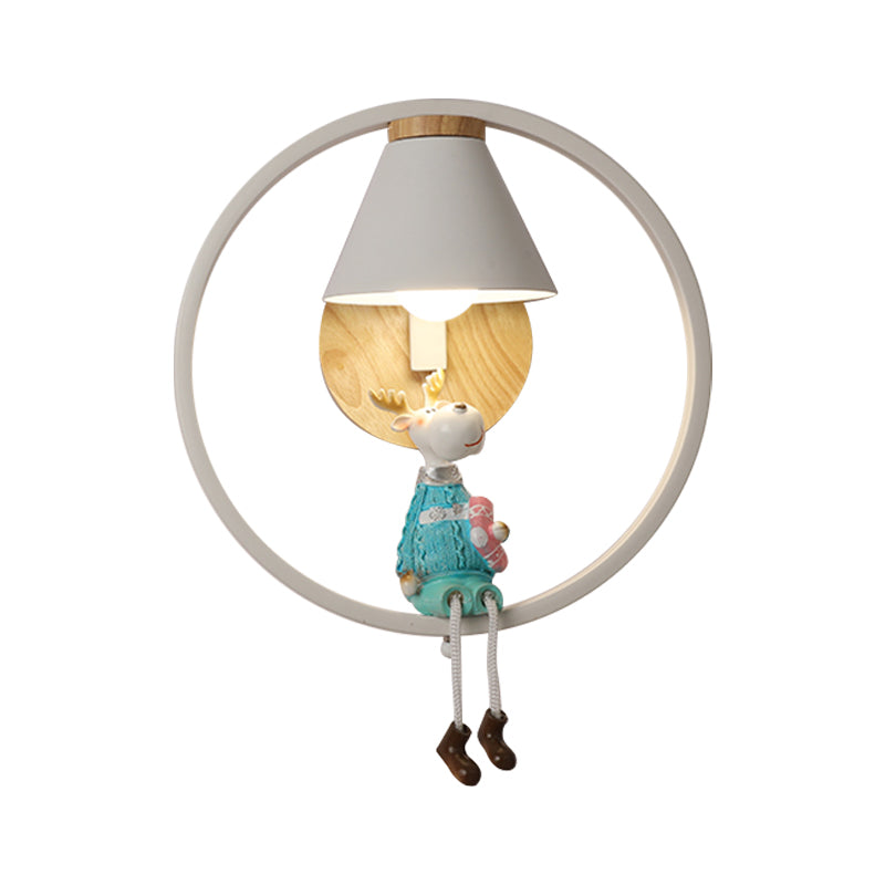 Adorable Deer/Angel Girl Wall Light: Cartoon Metal 1-Light Pink/Blue Lighting With Fabric Shade