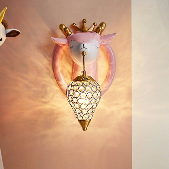 Teardrop Metal Wall Sconce With Deer Backplate - Bedroom Kids Mounted Light (1 Bulb) In Pink/Blue