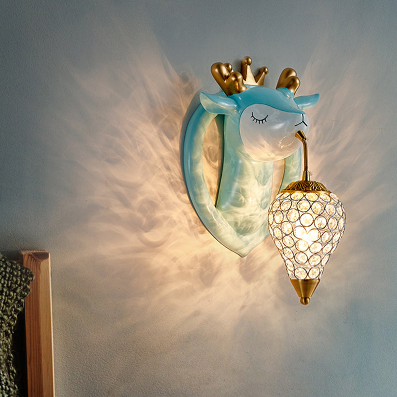 Teardrop Metal Wall Sconce With Deer Backplate - Bedroom Kids Mounted Light (1 Bulb) In Pink/Blue