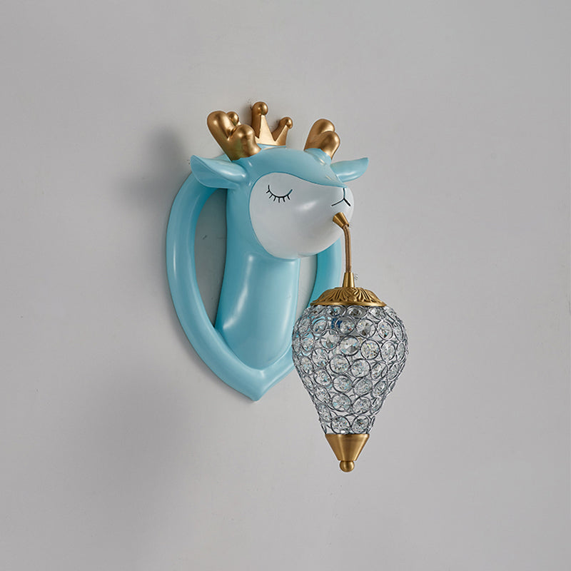 Teardrop Metal Wall Sconce With Deer Backplate - Bedroom Kids Mounted Light (1 Bulb) In Pink/Blue