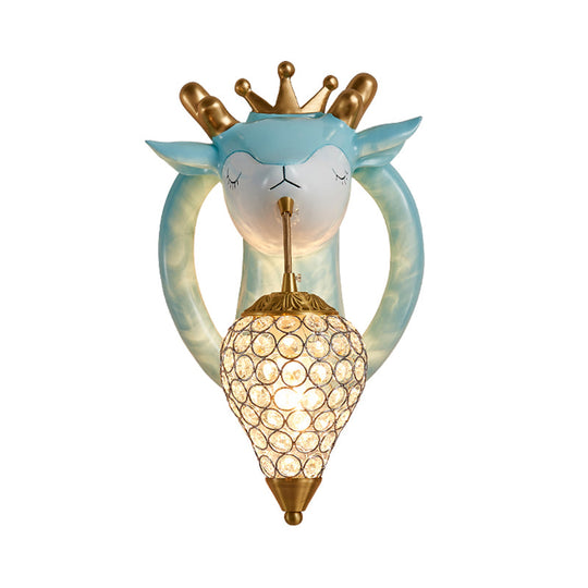 Teardrop Metal Wall Sconce With Deer Backplate - Bedroom Kids Mounted Light (1 Bulb) In Pink/Blue