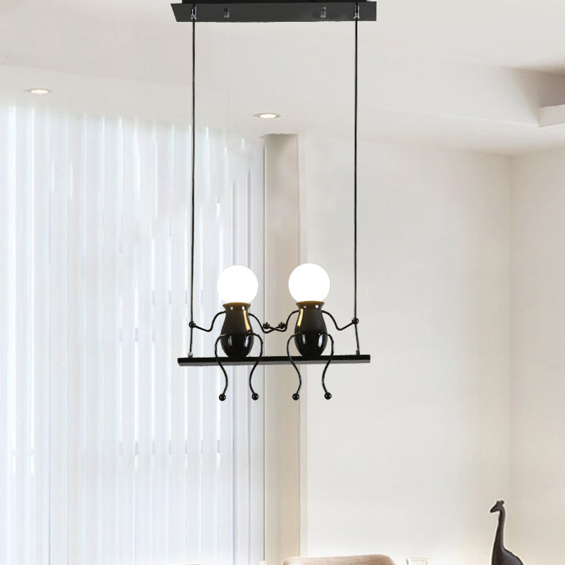 Cartoon Metal Chandelier Lamp - Swing Kid 1/2 Heads Black/White Finish Bedroom Hanging Light Fixture