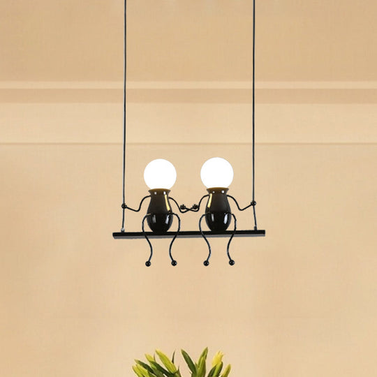 Cartoon Metal Chandelier Lamp - Swing Kid 1/2 Heads Black/White Finish Bedroom Hanging Light Fixture