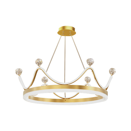 Metallic Crown Led Chandelier With Crystal Bead Décor - Nordic Style Pendant Lighting (Pink/Gold)