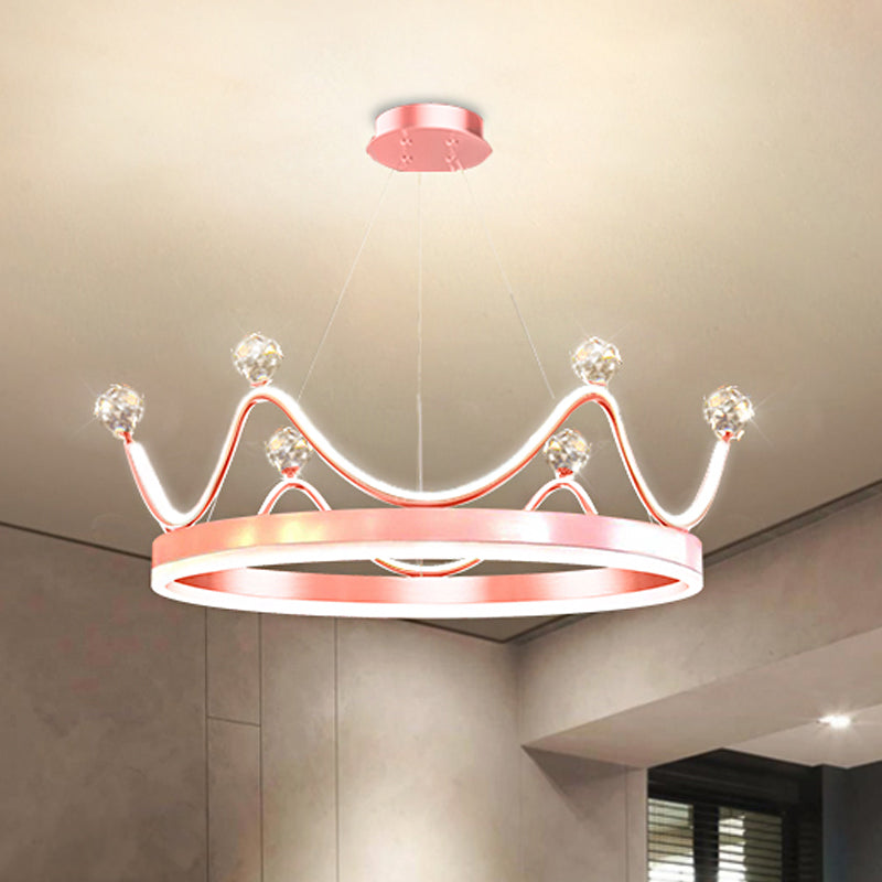 Metallic Crown Led Chandelier With Crystal Bead Décor - Nordic Style Pendant Lighting (Pink/Gold)