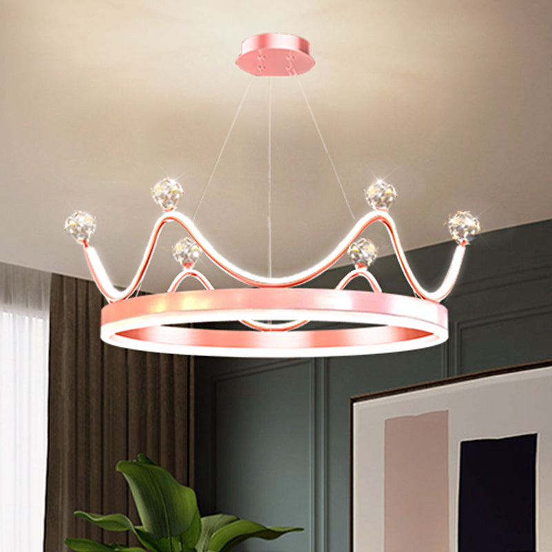 Metallic Crown Led Chandelier With Crystal Bead Décor - Nordic Style Pendant Lighting (Pink/Gold)