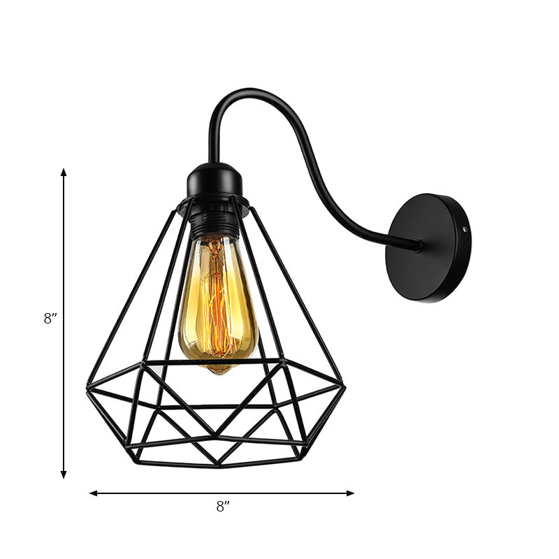 Vintage Industrial Metal Cage Wall Sconce - Square/Diamond Design Black Finish