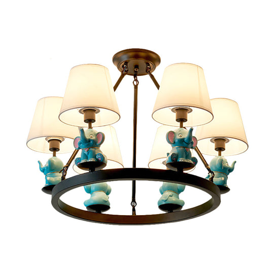 6-Head Black Ring Chandelier With Cone Fabric Shade And Elephant Decor In Pink Or Blue