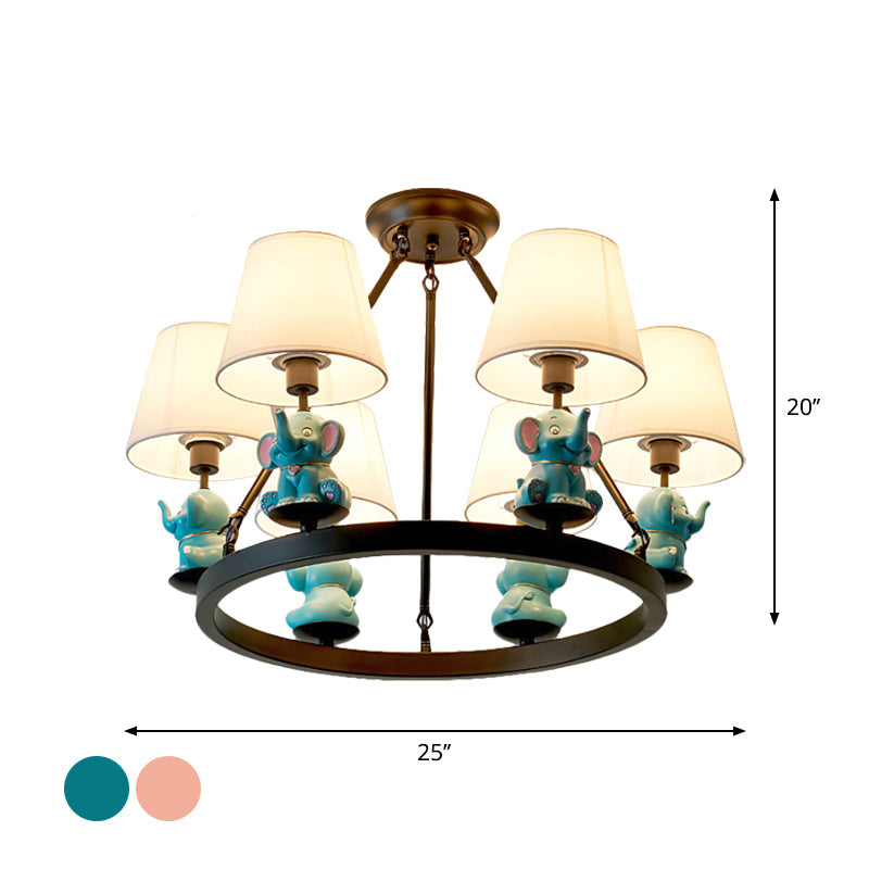 6-Head Black Ring Chandelier With Cone Fabric Shade And Elephant Decor In Pink Or Blue