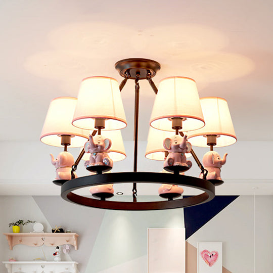 6-Head Black Ring Chandelier With Cone Fabric Shade And Elephant Decor In Pink Or Blue