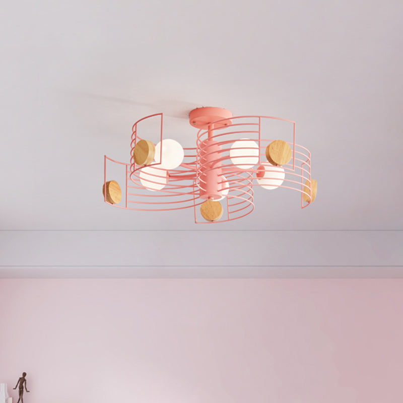 Spiral Kids LED Semi Flush Mount Ceiling Light with Metallic Pink/Gold Finish and White Glass Shade