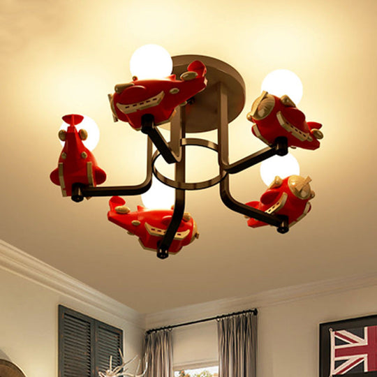 Cartoon Airplane Metal Semi Flush 5-Light Ceiling Fixture in Red for Boys' Bedroom