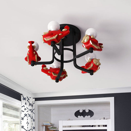 Cartoon Airplane Metal Semi Flush 5-Light Ceiling Fixture in Red for Boys' Bedroom