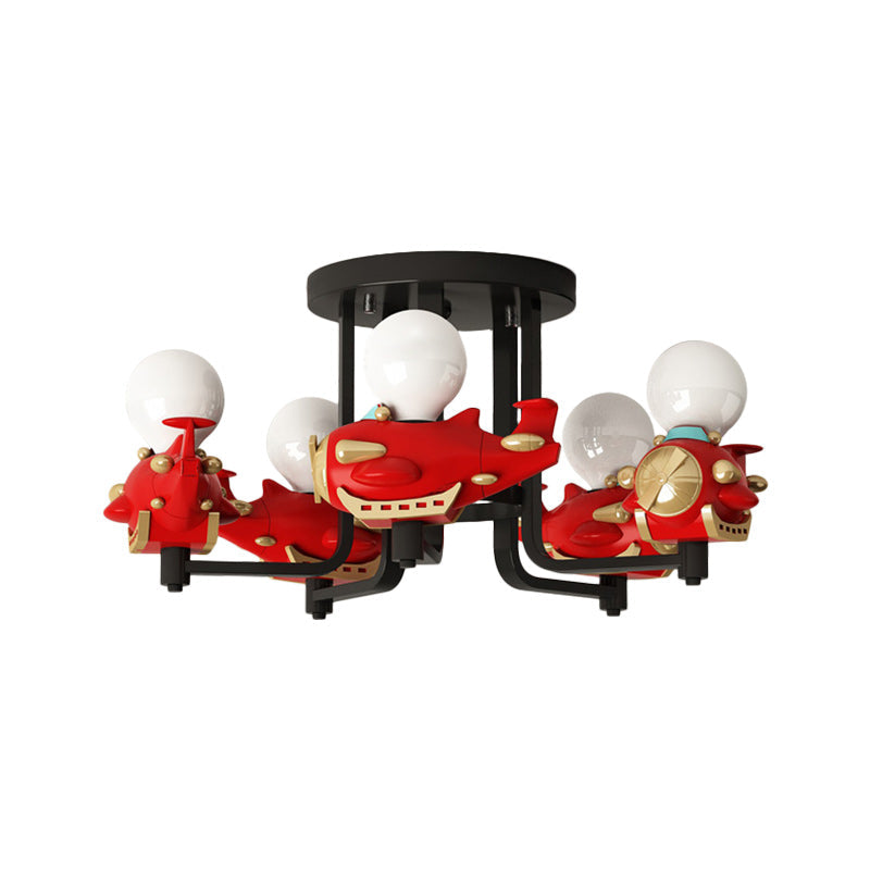 Cartoon Airplane Metal Semi Flush 5-Light Ceiling Fixture in Red for Boys' Bedroom