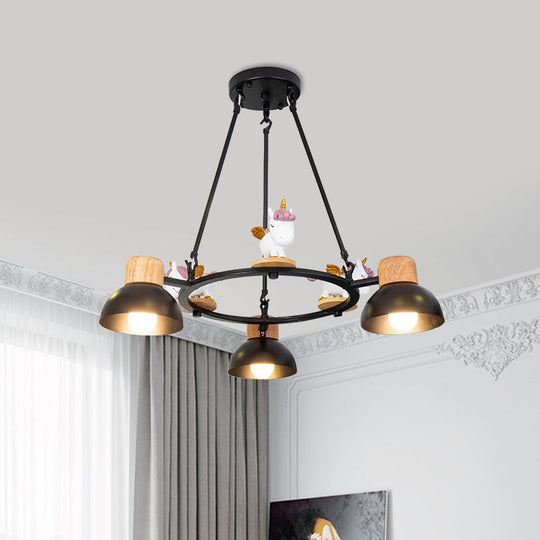 Kids Domed Pendant Chandelier: Metal 3/6-Light Suspension Lighting With Deer/Horse Decor In