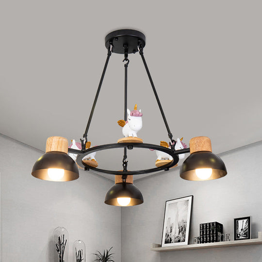 Kids Domed Pendant Chandelier: Metal 3/6-Light Suspension Lighting With Deer/Horse Decor In