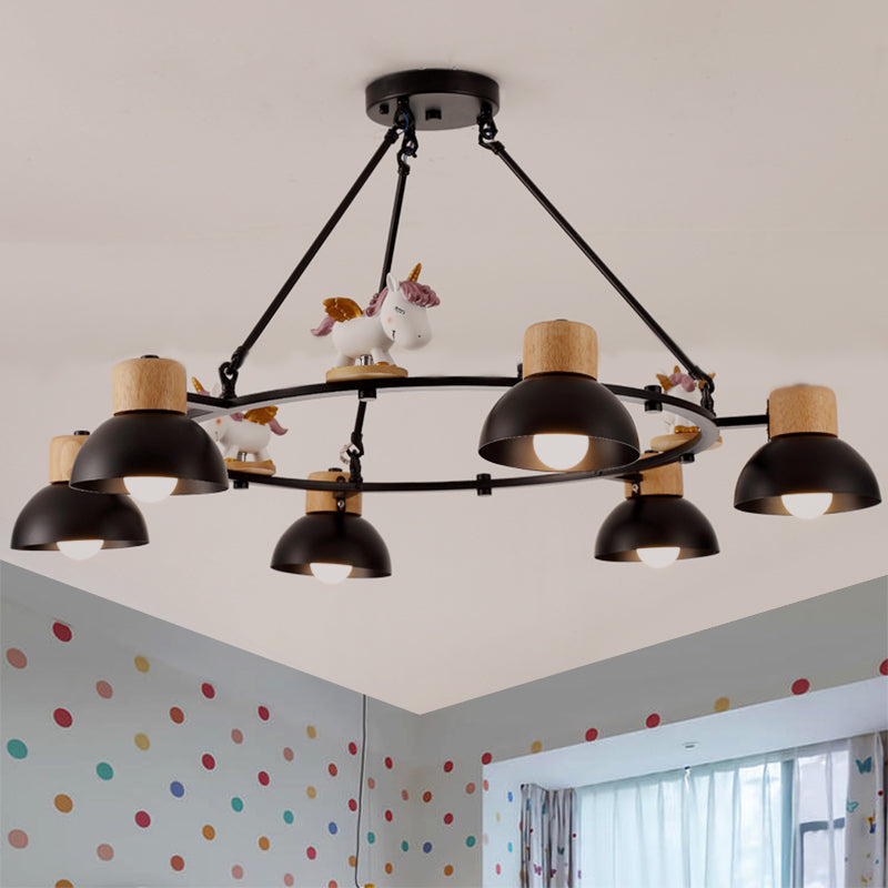 Kids Domed Pendant Chandelier: Metal 3/6-Light Suspension Lighting With Deer/Horse Decor In