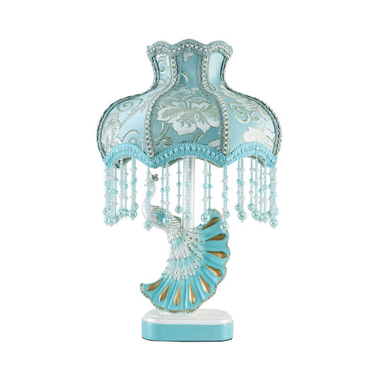 Nordic Fabric Dome Table Lamp - Pink/Blue Reading Book Light With Fringe And Peacock Deco