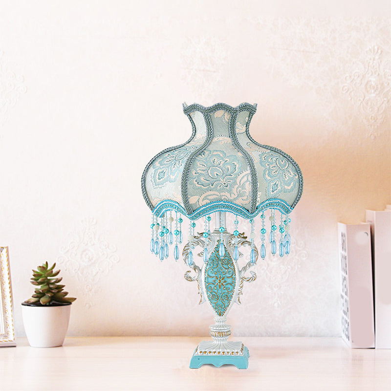 Modernist Fabric Domed Desk Light: 1 Light Pink/Blue Table Lamp With Fringe & Vase Base