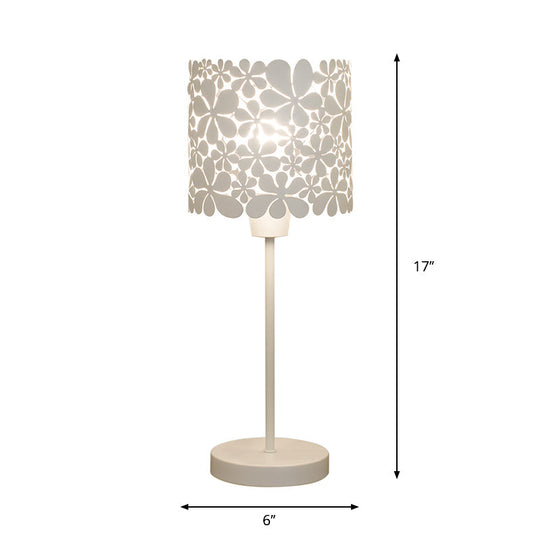 Modern White Cylinder Iron Table Lamp With Flower Design - 1 Light Nightstand