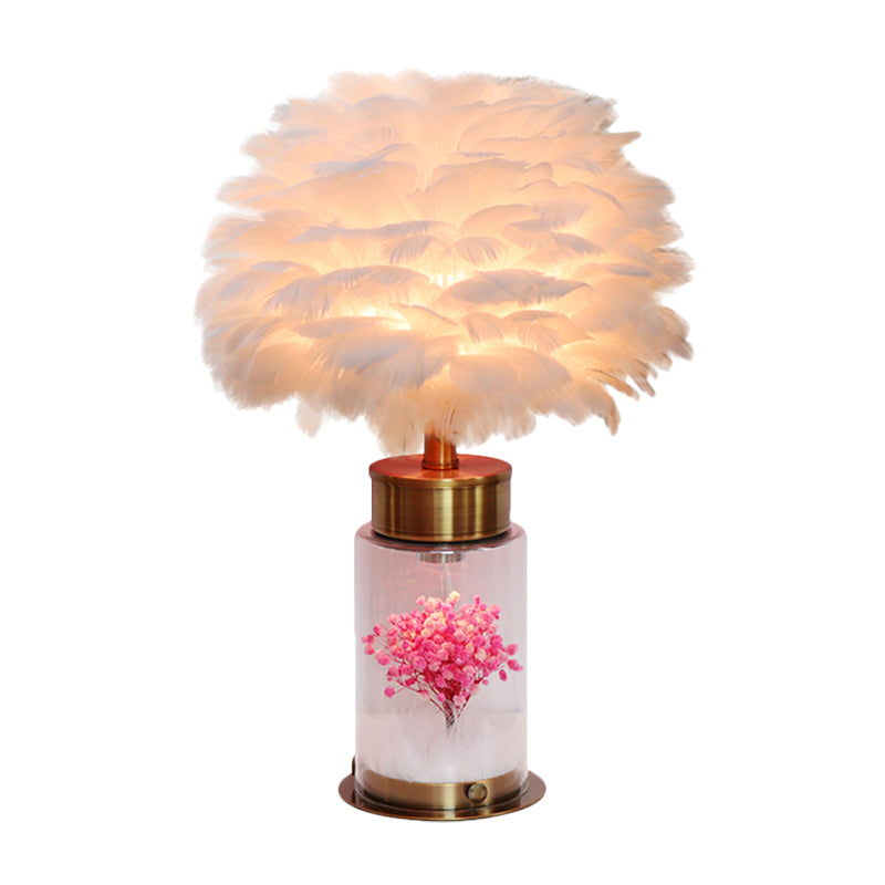 Nordic Feather Globe Study Lamp With Bottle Base And Inner Flower Decor - Grey/White/Pink