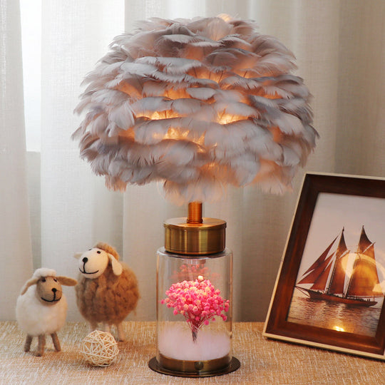 Nordic Feather Globe Study Lamp With Bottle Base And Inner Flower Decor - Grey/White/Pink