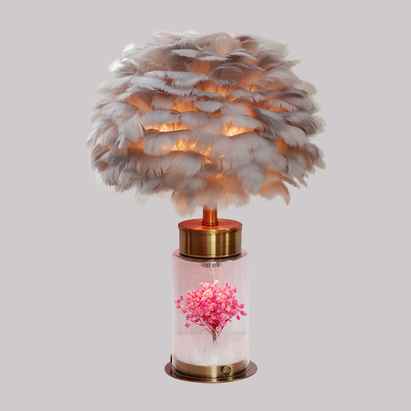 Nordic Feather Globe Study Lamp With Bottle Base And Inner Flower Decor - Grey/White/Pink