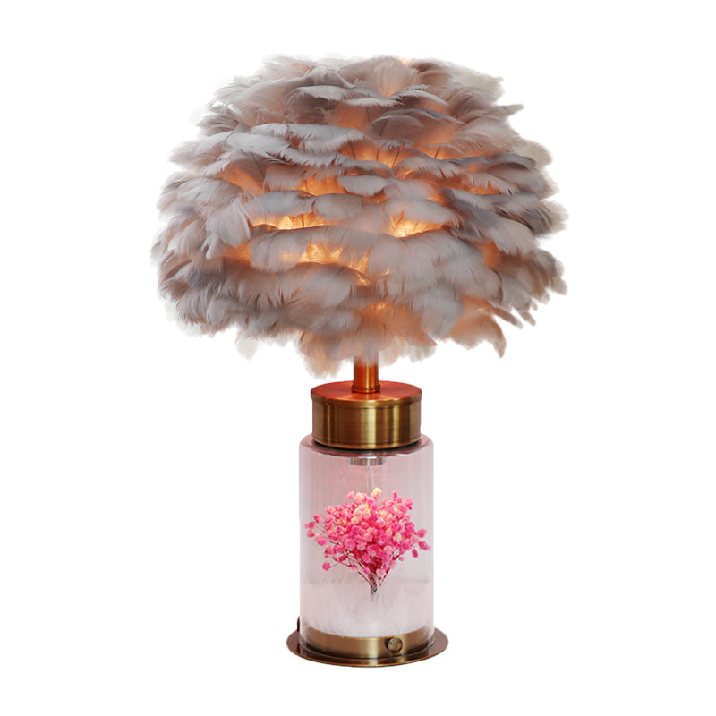 Nordic Feather Globe Study Lamp With Bottle Base And Inner Flower Decor - Grey/White/Pink