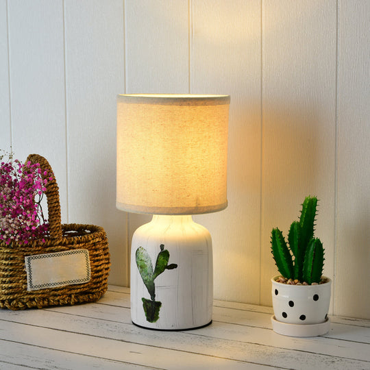 Cylinder Desk Lamp - Modernist Paper 1-Light White Table Light With Ceramic Base & Cactus Pattern