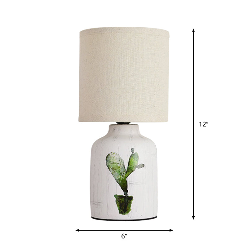 Cylinder Desk Lamp - Modernist Paper 1-Light White Table Light With Ceramic Base & Cactus Pattern