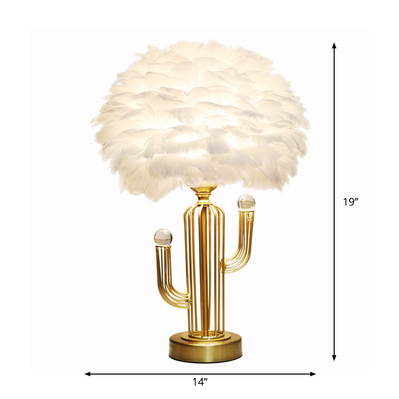 Nordic Feather Desk Lamp - Modern White Table Light With Metal Base & Clear Crystal Orbit Decor