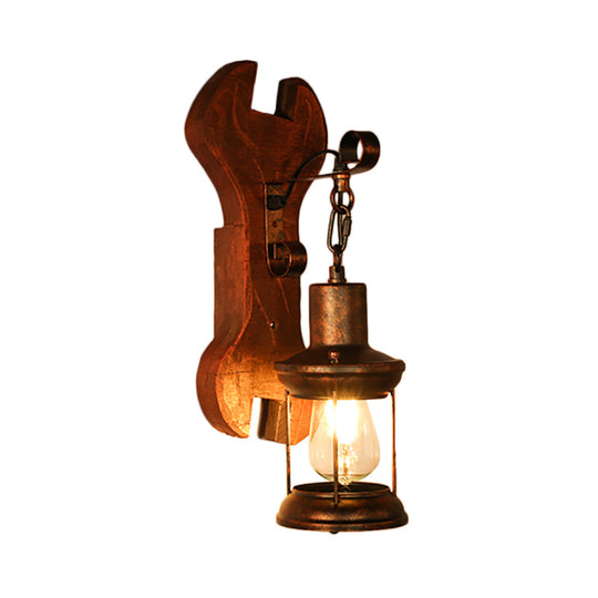 Coastal Clear Glass Lantern Sconce Light With Wooden Backplate - Rustic One-Light Fixture