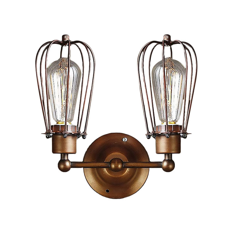 Industrial Style Caged Wall Sconce Lighting - 2-Light Metal Mini Light In Copper/Aged Silver