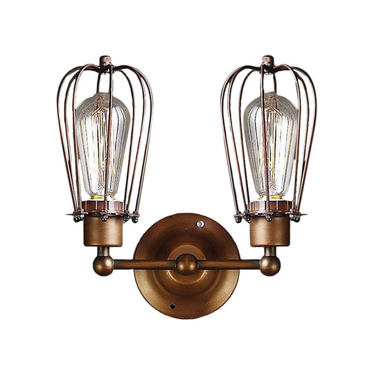 Industrial Style Caged Wall Sconce Lighting - 2-Light Metal Mini Light In Copper/Aged Silver