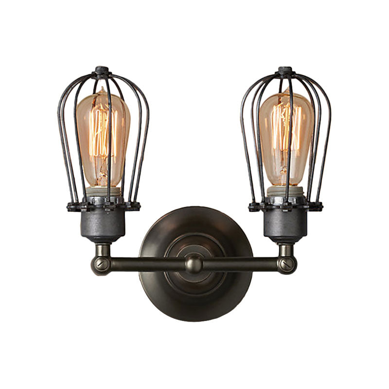 Industrial Style Caged Wall Sconce Lighting - 2-Light Metal Mini Light In Copper/Aged Silver