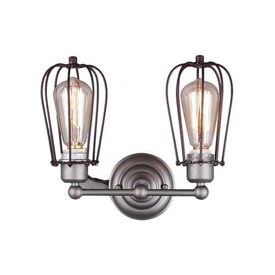 Industrial Style Caged Wall Sconce Lighting - 2-Light Metal Mini Light In Copper/Aged Silver