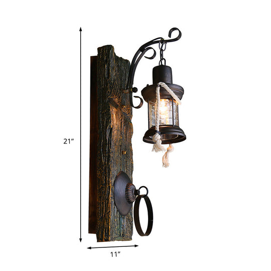 Coastal Black Kerosene Sconce With Clear Glass Bulb And Wooden Backplate For Outdoor Lighting