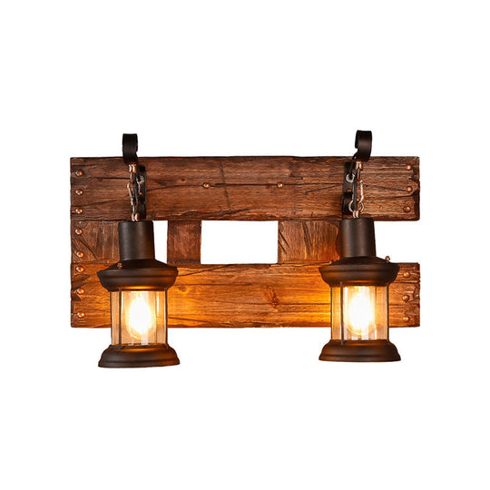 Industrial Lantern Wall Sconce - Clear Glass Black 2-Light Fixture With Wooden Backplate