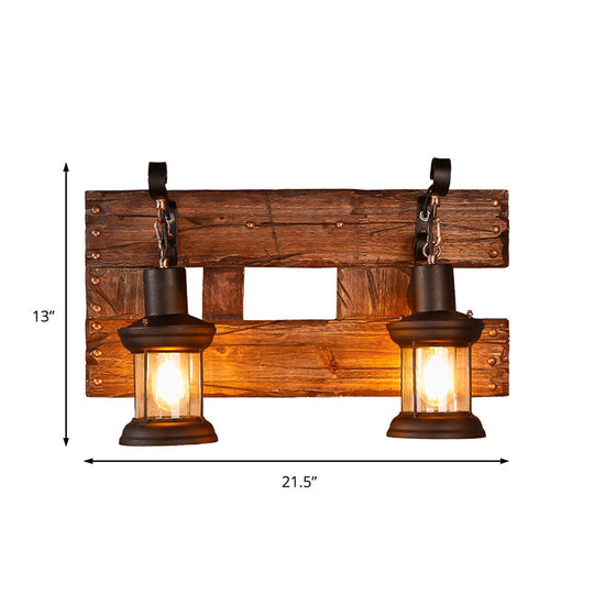 Industrial Lantern Wall Sconce - Clear Glass Black 2-Light Fixture With Wooden Backplate