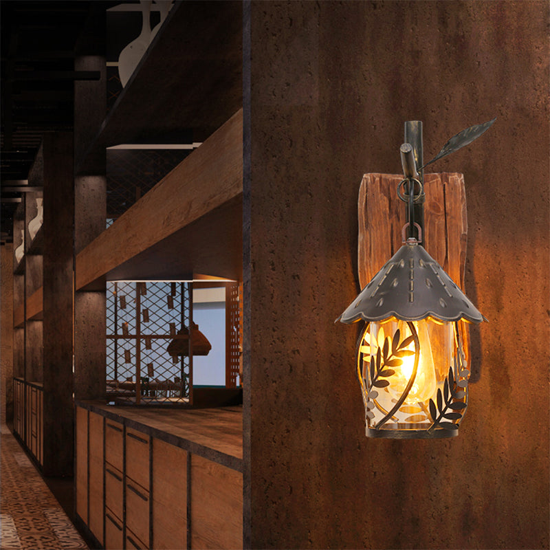 Industrial Clear Glass/Fabric Black Sconce Light With 1-Light Cylinder Leaf And Wood Backplate