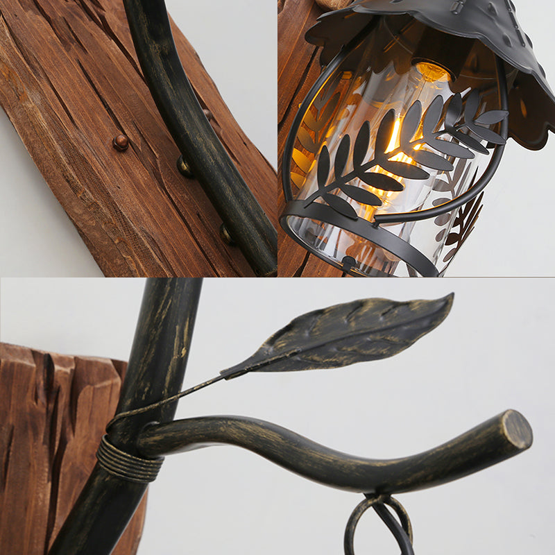 Industrial Clear Glass/Fabric Black Sconce Light With 1-Light Cylinder Leaf And Wood Backplate