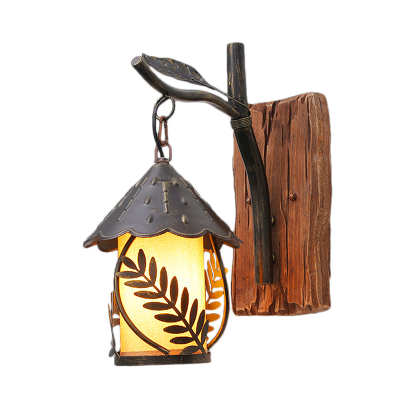 Industrial Clear Glass/Fabric Black Sconce Light With 1-Light Cylinder Leaf And Wood Backplate