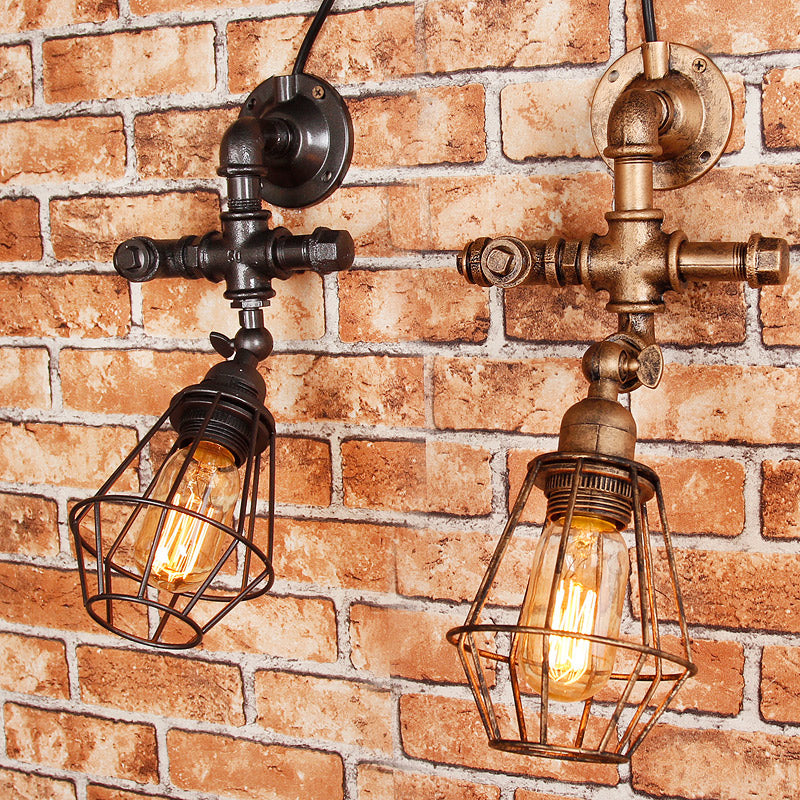 Iron Pipe Design Diamond Cage Wall Mount Light: Industrial Style Bedroom Lighting In Antique