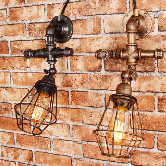 Iron Pipe Design Diamond Cage Wall Mount Light: Industrial Style Bedroom Lighting In Antique