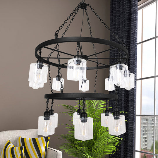 Industrial Pendant Chandelier: 2-Tier Wheel Multi-Light Lamp with Clear Glass, Black Finish, and Cylinder Shade