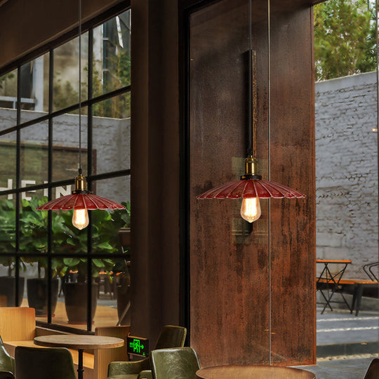 Rustic Red Scalloped Shade Pendant Lamp - Metallic Finish, Coffee Shop Hanging Light Fixture